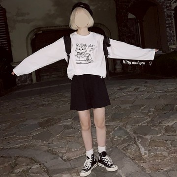 原創復古少女可愛古著感小貓咪純棉百搭打底白色寬鬆長袖T恤 U