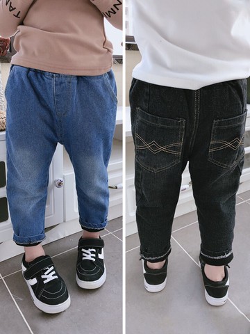 冬季新款男女童舒適松緊褲腰加厚牛仔長褲 中小童純色小腳褲1入