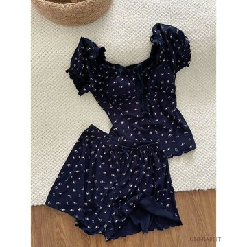 韓系藏青小碎花睡衣新款ins夏季荷葉邊純欲短袖女家居服甜美套裝睡衣女生可愛睡衣短袖睡衣韓國居家服睡衣套裝