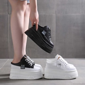 包頭半拖鞋女2024春夏外穿皮面透氣厚底內增高10-14CM休閑一腳蹬