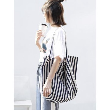 托特包女2020新款韓版chic休閑百搭帆布包女撞色條紋單肩包大容量