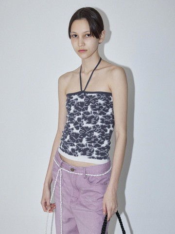 Neck Strap Floral Tube Top [Dark Grey]