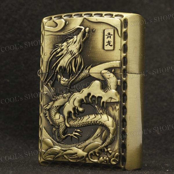 四神 リューター加工 デザイン オイルライター ZIPPO 同型 Jantai 霊獣 聖獣 和柄 和彫り 白虎 青龍 朱雀 玄武 ゴールド 送料無料