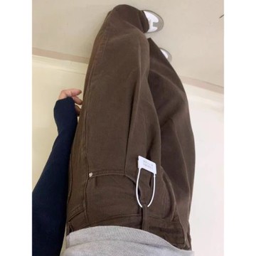胖mm梨型身材褲子咖啡色高腰大碼寬松顯瘦復古闊腿棕色直筒牛仔褲