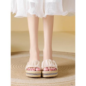 輕便舒適涼鞋女2025夏季時裝仙女風松糕厚底鞋平底高跟水鉆一字拖