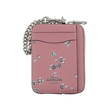 COACH亮粉燙印星星灰粉色素面皮革鏈帶方型卡夾零錢包