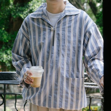 SHIRT 秋季日系口袋拼色襯衫 寬鬆套頭舒適休閒條紋長袖衫