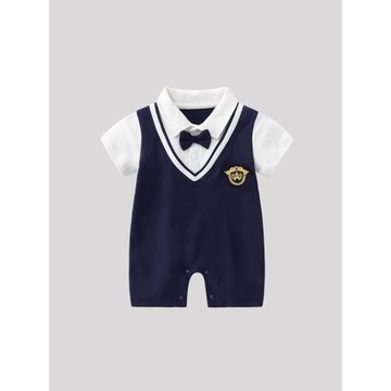 男寶寶周歲嬰兒短袖連體衣夏季薄款學院風哈衣生日百天小少爺禮服