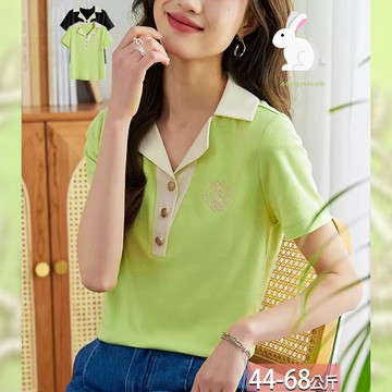 翻領金釦兔子桂冠刺繡撞色上衣(2色) M-2XL【881177X】【現+預】-流行前線-