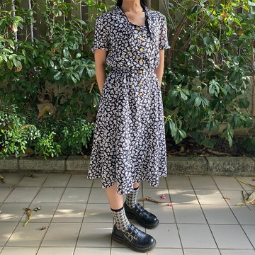 藍底碎花古著短袖洋裝韓國製