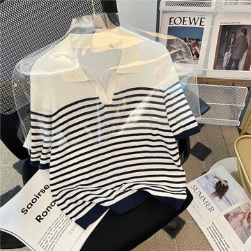 之+元紗！桑蠶絲+亞麻~海軍條紋減齡學院風polo領短袖針織衫女夏