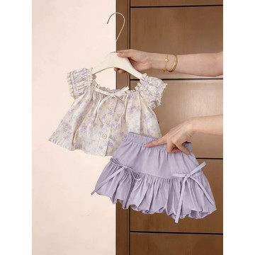 🎀biubiu童裝🎀女寶寶套裝夏季新款洋氣碎花短袖甜美百搭燈籠裙女童兩件套潮