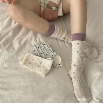網紅款 透氣 襪子女 甜美 波點 潮流 時尚 鏤空 透氣 ins風 日系 拼色 百搭 中筒 愛心 堆堆襪
