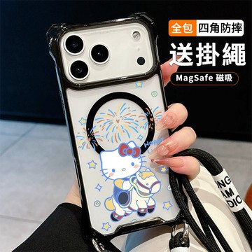 煙花凱蒂貓 送掛繩透明手機殼 磁吸防摔透明殼 適用 iPhone 17 16 16e 15 14 13 12 11保護殼