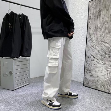 多口袋白色工裝褲男潮牌ins港風休閑九分褲子高街機能抽繩束腳褲