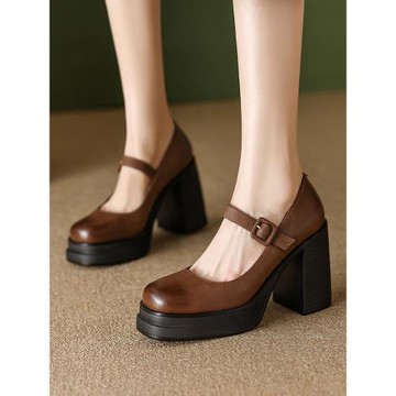 復古防水臺高跟鞋女粗跟2024春季新款不累腳方頭一字帶瑪麗珍單鞋