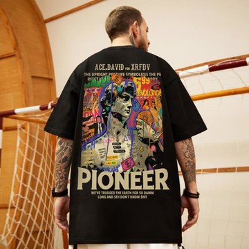 oversize美式潮牌胖子男裝大碼國潮油畫寬松短袖T恤潮流ins半袖夏