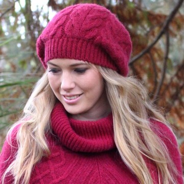 酒紅100%紐西蘭駝羊毛貝蕾帽麻花粗針織保暖帽