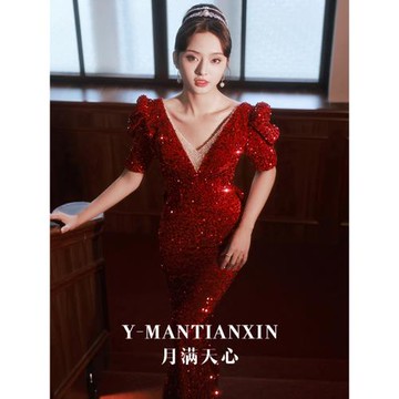 敬酒服新娘2025新款秋季宴會高端酒紅色魚尾晚禮服女輕奢小眾超閃