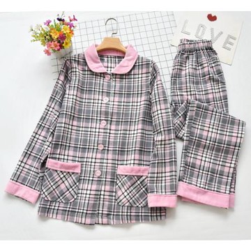 純棉睡衣女春秋季全棉格子絨布翻領長袖長褲大碼休閑家居服套裝