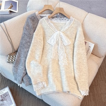 ＊ORead＊韓系慵懶風v領蕾絲蝴蝶結毛衣(2色M~4XL)
