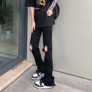 美式高街黑色膝蓋破洞牛仔褲vibe風嘻哈夏季薄款修身微喇叭長褲男