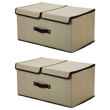 小麥購物 棉麻雙蓋衣物收納箱 L2253  2個  36 x 25 x 15cm  卡其色