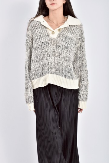 (2XL) bowen質感棉質混紡長袖翻領灰色毛衣