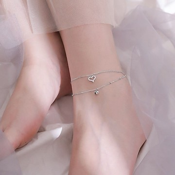 腳鍊 雙層愛心腳鍊 M15 腳環 鏤空鑲鑽心型 點綴圓珠腳鍊 腳踝鍊