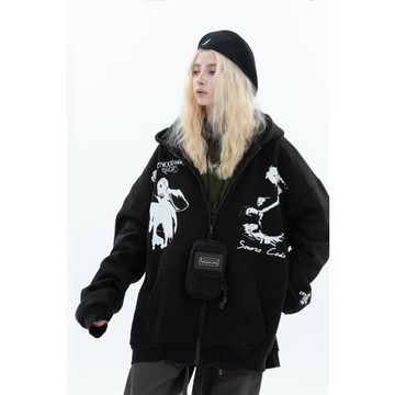 ERROR CODE 美式復古衛衣女春款針織情侶連帽開衫拉鏈外套男上衣