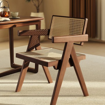 椅子 實木椅子 餐椅 辦公椅 真皮椅 免運 速發 開立發票 實木椅子家用餐椅昌迪加爾椅胡桃中古藤編扶手椅客廳餐廳凳子靠背