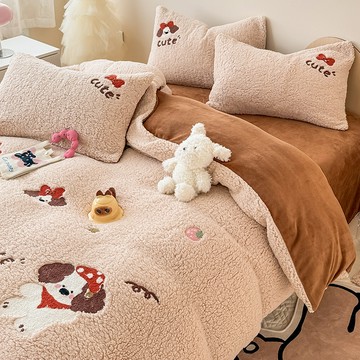 A類羊羔牛奶絨床包組 床上四件套 冬季加厚法蘭珊瑚絨 被套 床單 三件套 床品