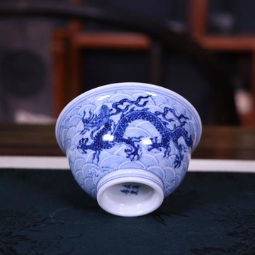 精品青花手繪海水龍紋壓手杯茶杯茶具景德鎮古玩古董陶瓷器復古