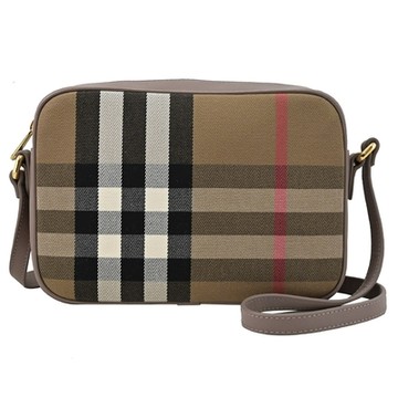 BURBERRY 格紋印花帆布斜背包/相機包(芋粉邊 23.5cm)