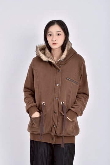 (M) vcloria jeans棉質長袖連帽內刷毛棕色外套