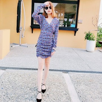 BBHONEY 泫雅同款法式復古V領碎花蓮衣裙修身顯瘦包臀洋裝
