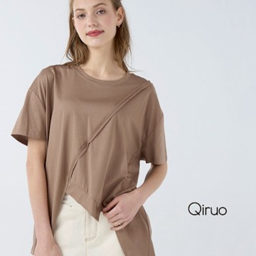 Qiruo奇若春夏專櫃卡色短袖上衣7095A下擺不規則造型