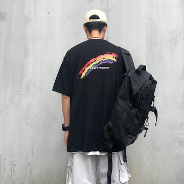 純棉日系潮流彩虹印花寬鬆短袖T恤夏季ins港風潮牌半截袖體恤衫男