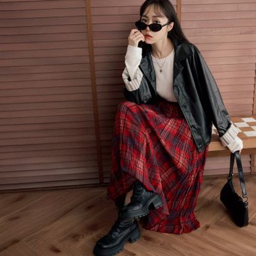 OB嚴選中大尺碼-皺皺肌理配色格紋腰鬆緊長裙《CA3168》