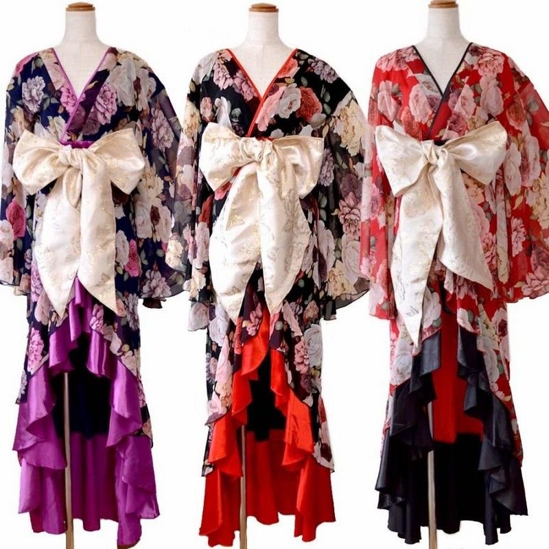 花魁花柄和装ロングドレス [着物] 花魁花柄和装ロングドレス [着物] 花魁 着物ドレス 和柄ドレス