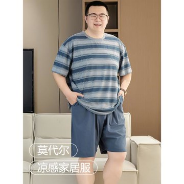 抗菌莫代爾棉睡衣男加肥加大碼夏季圓領短袖短褲薄款家居服300斤