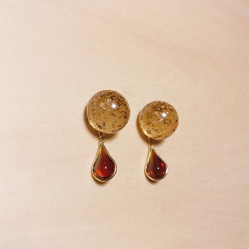 復古棕色金箔丸子鑲邊水滴耳環