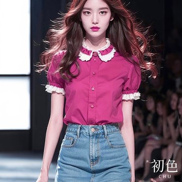 初色 撞色荷葉邊拼接泡泡袖短袖襯衫上衣女上衣-紫紅色-33990(M-2XL可選)