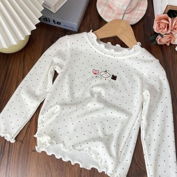 Healthy baby 春季新款兒童洋氣波點女童打底長袖寶寶木耳邊百搭可愛打底衫 女童打底上衣 女童長袖上衣