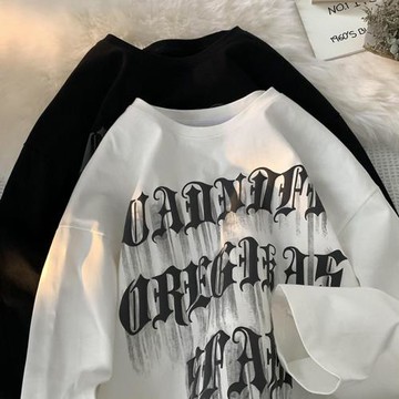 美式復古重磅長袖t恤男春秋潮流寬松運動上衣字母印花設計感體恤