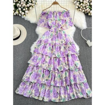 法式海邊度假沙灘裙超仙一字肩露肩收腰顯瘦a字蛋糕碎花連衣裙夏