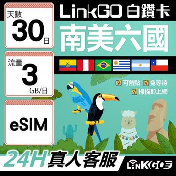 LINKGO白鑽卡 南美洲六國 eSIM卡 30天上網卡 每日3GB(南美洲網卡 巴西 阿根廷 智利 厄瓜多爾 秘魯 烏拉圭)