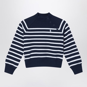 Navy blue sweatshirt with white stripes