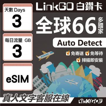 LINKGO白鑽卡 全球66國 eSIM卡 3天上網卡 每日3GB(全球網卡 亞洲 歐洲 美洲 大洋洲 非洲)