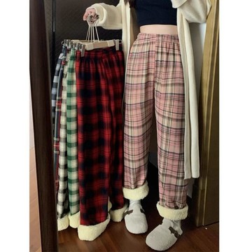 加絨闊腿褲女 加厚羊羔絨褲子 長褲女 格子休閒褲 高腰寬鬆闊腿褲 闊腿直筒褲子 拖地長褲 休閒褲子